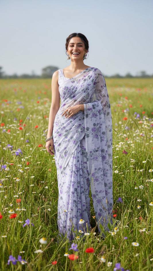 White floral print Semi Chiffon saree