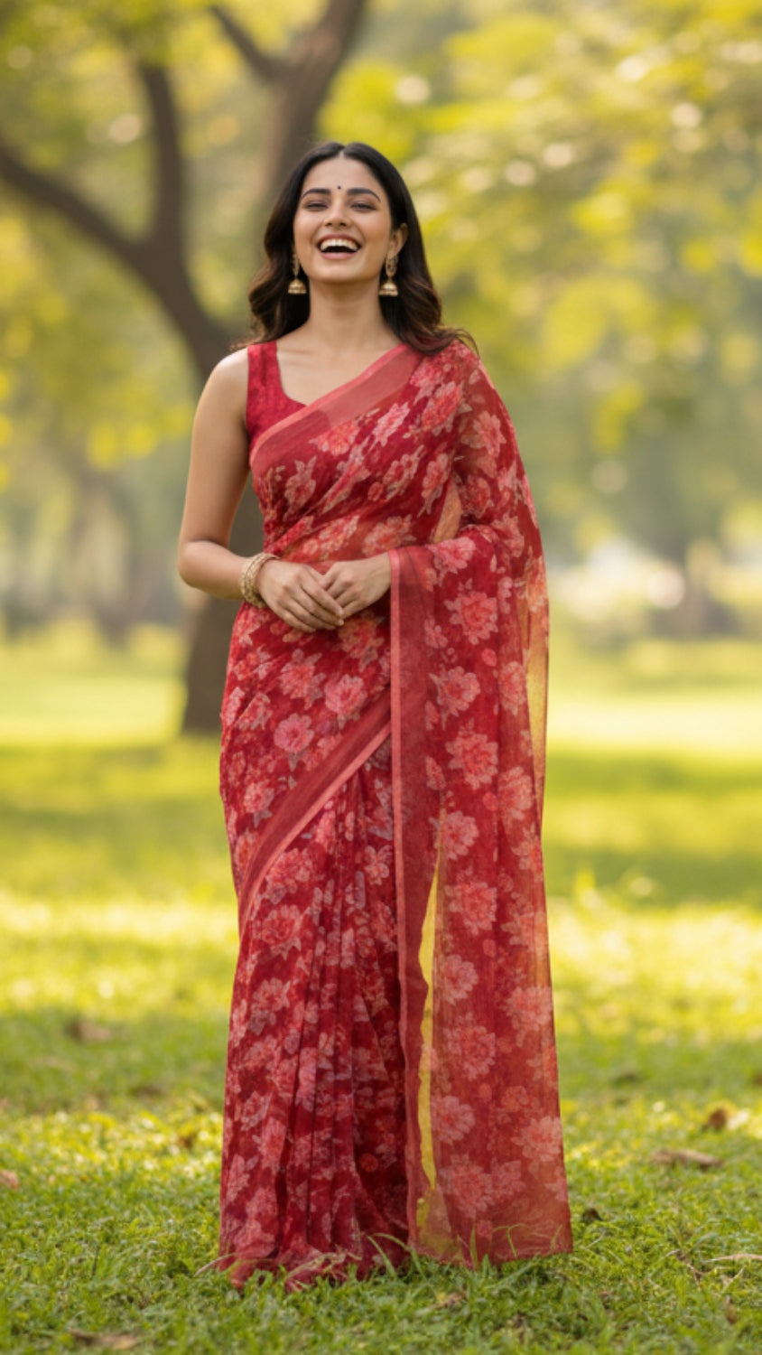 Red Floral Chiffon Saree