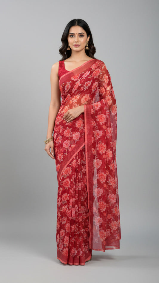 Red Floral Chiffon Saree