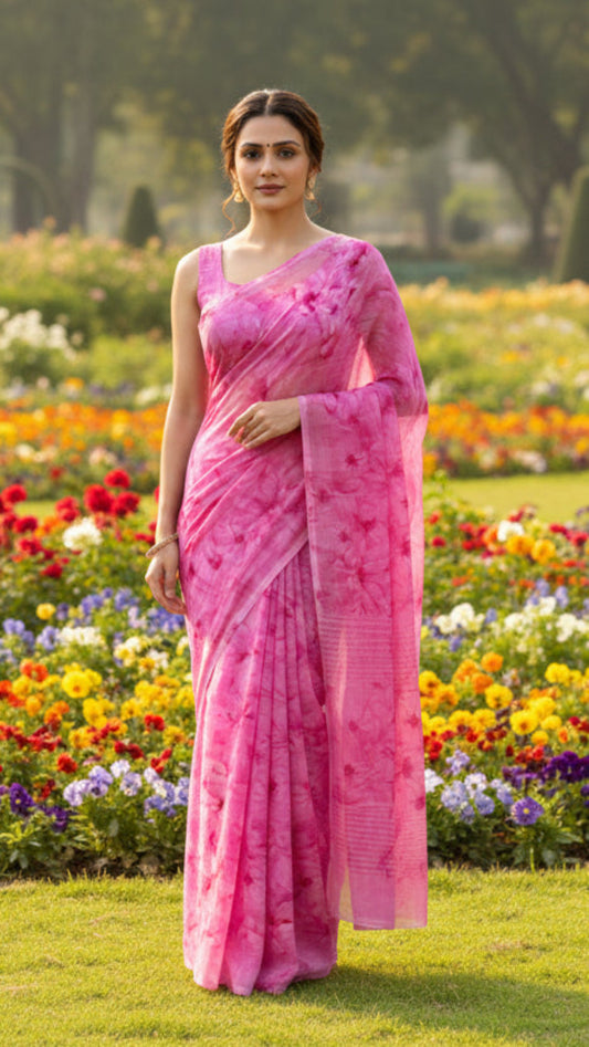 Pink floral print Saree