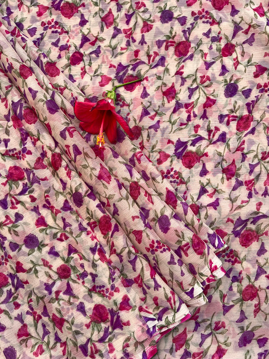 Beige Small floral print Semi Chiffon saree