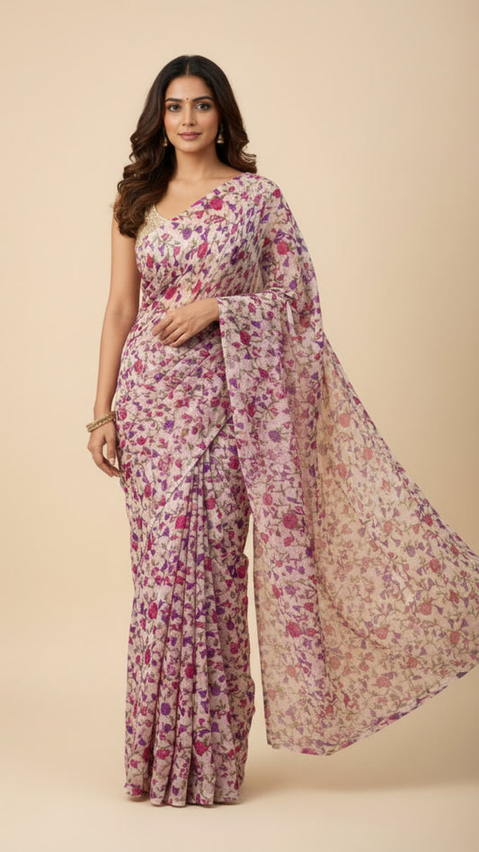 Beige Small floral print Semi Chiffon saree