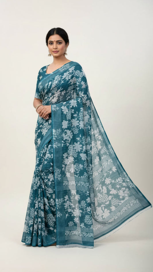 Blue floral Semi Chiffon Saree