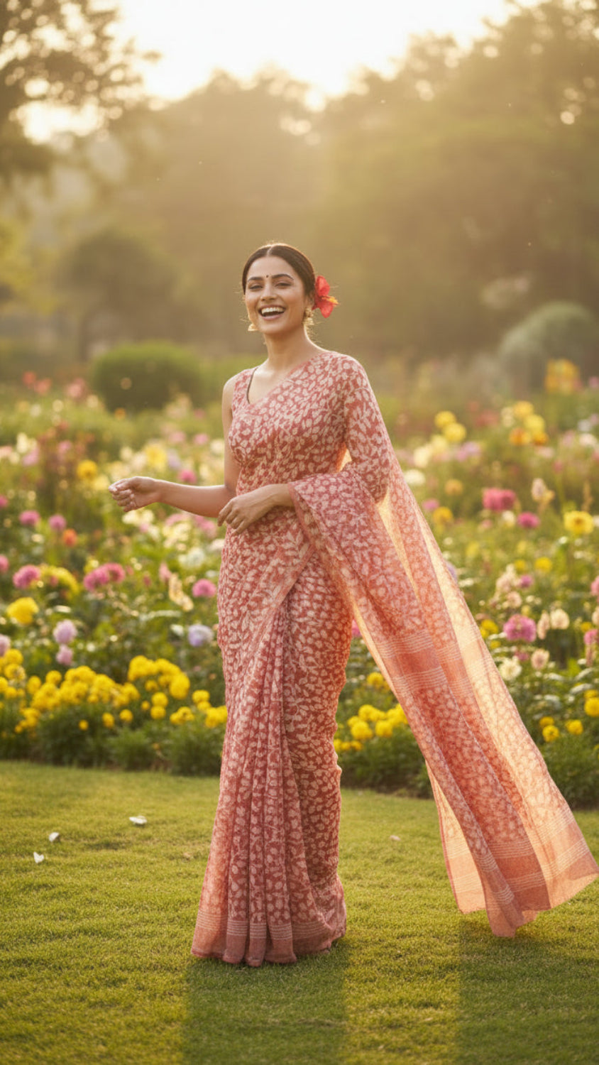 Orange leaf print Saree