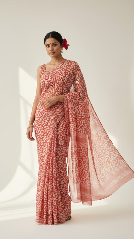 Orange leaf print Saree