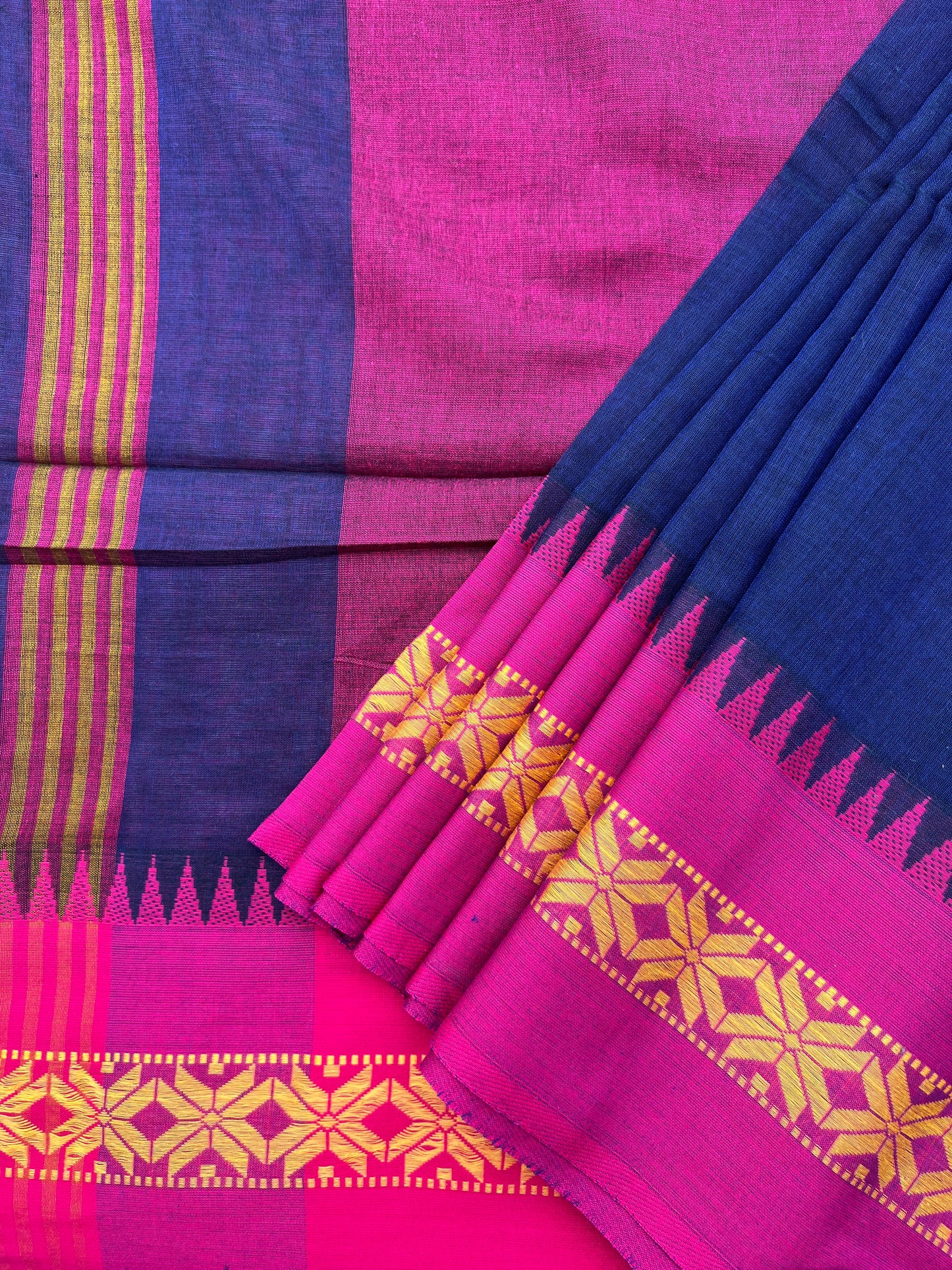 Navy blue Handloom cotton saree with Pink border