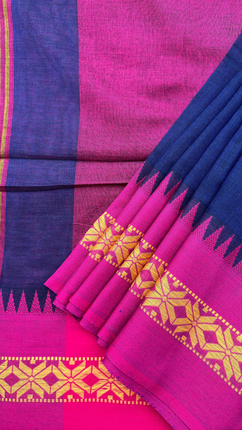 Navy blue Handloom cotton saree with Pink border