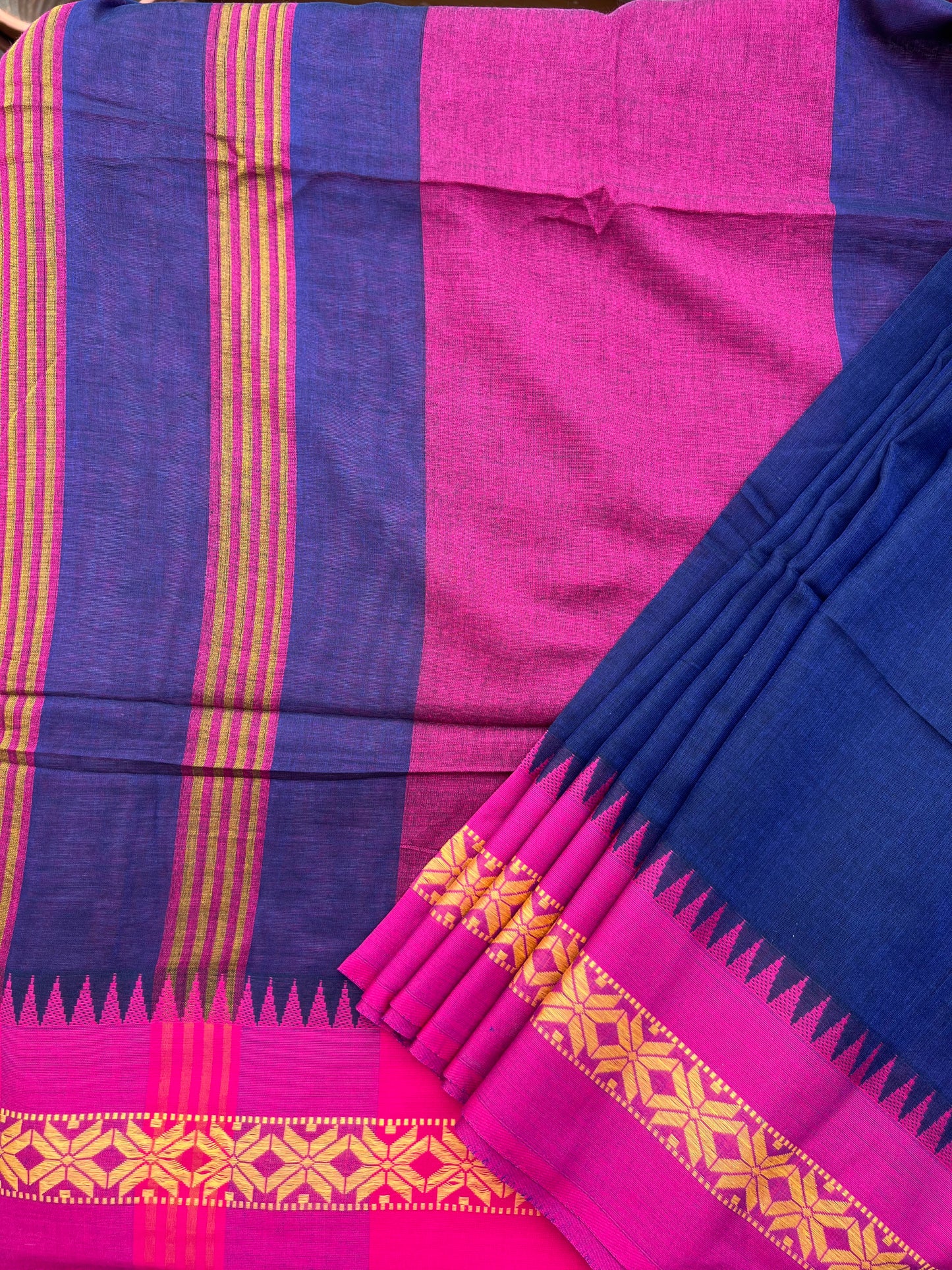 Navy blue Handloom cotton saree with Pink border