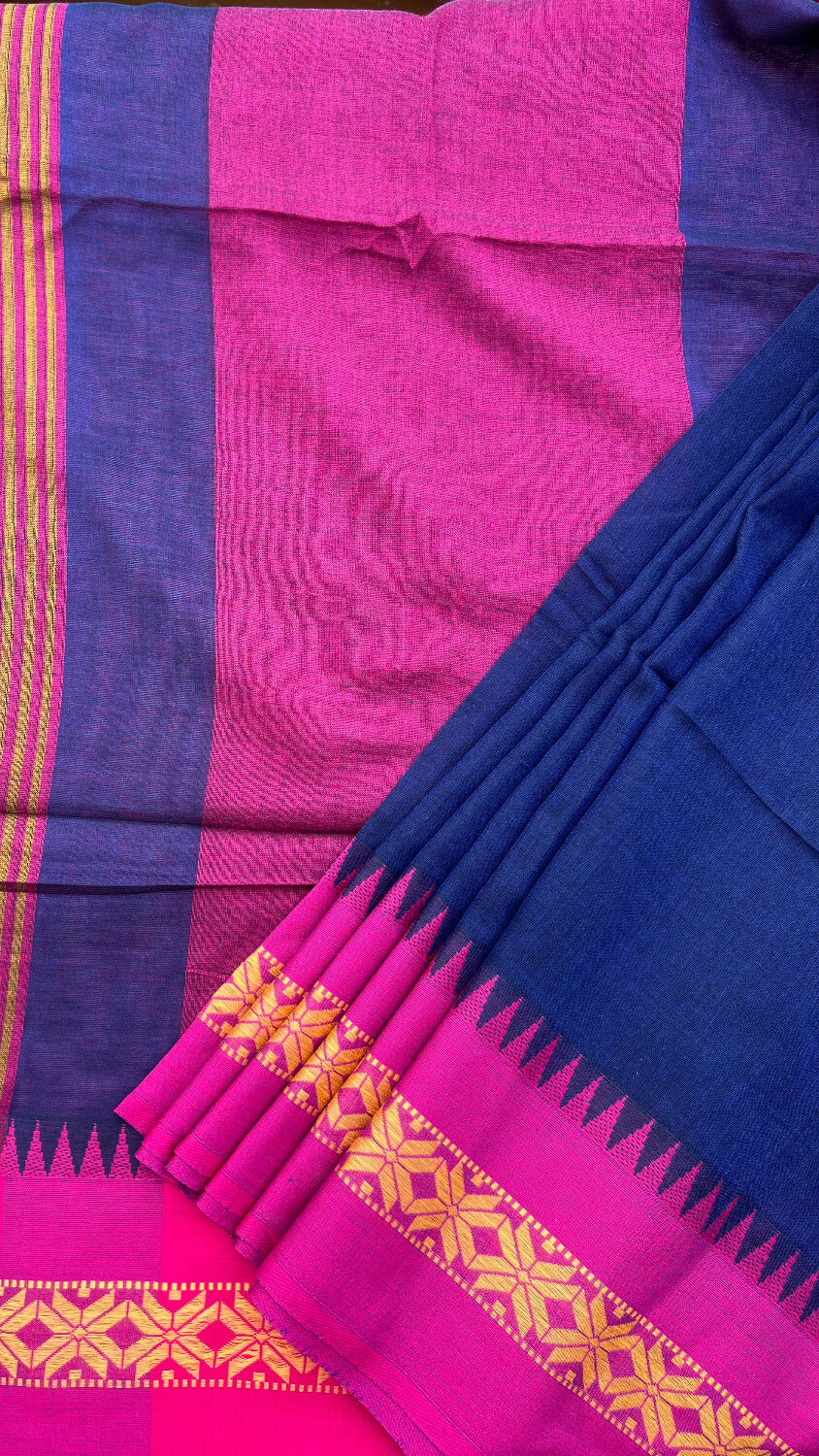 Navy blue Handloom cotton saree with Pink border