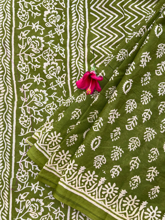 Green printed cotton saree