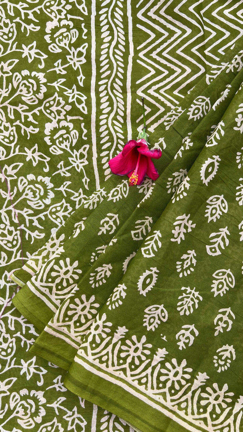 Green printed cotton saree