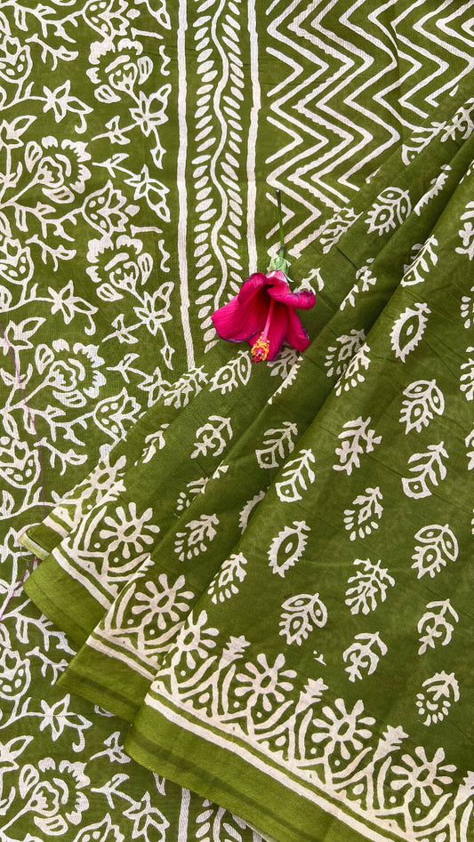 Green printed cotton saree