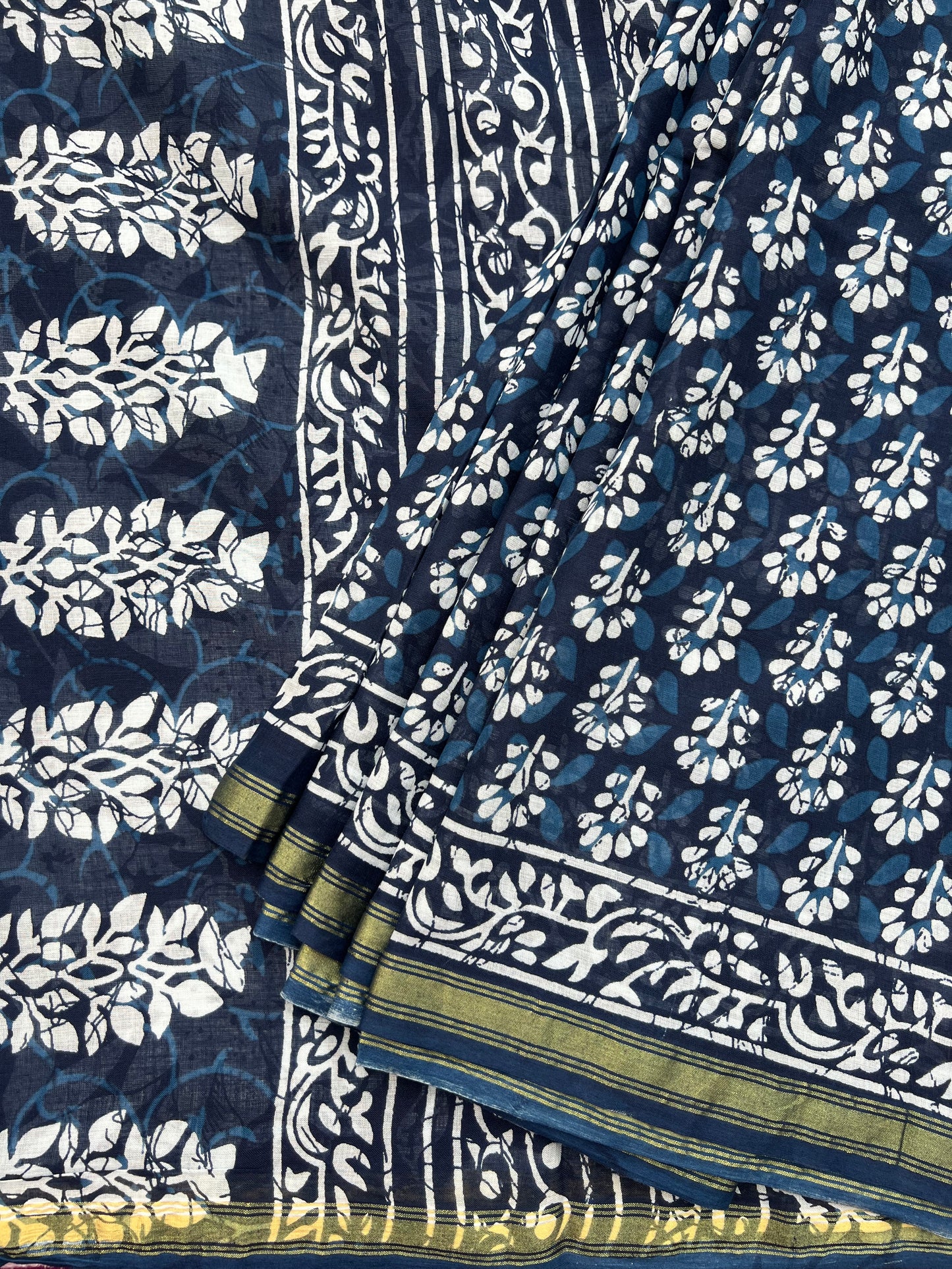 Indigo printed cotton saree