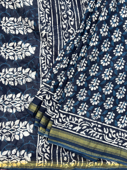 Indigo printed cotton saree