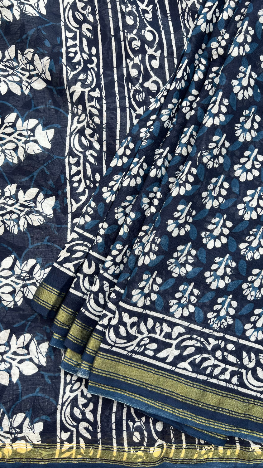 Indigo printed cotton saree