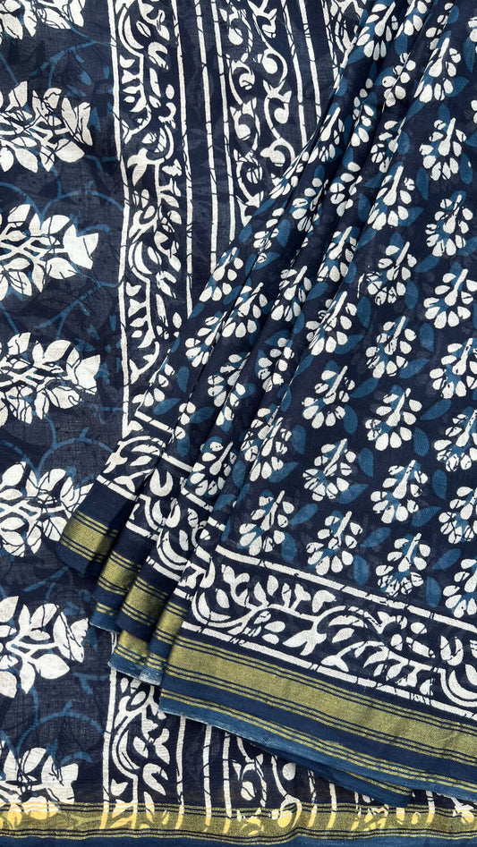 Indigo printed cotton saree