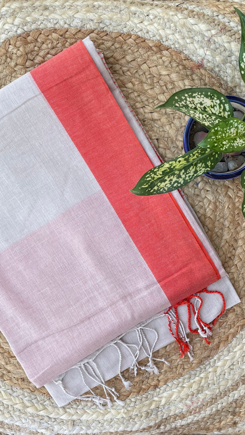 Beige Handloom cotton saree with Orange border