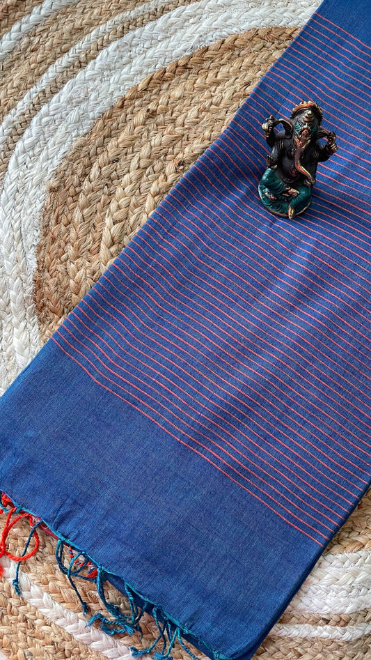 Blue Handloom cotton saree with Red border