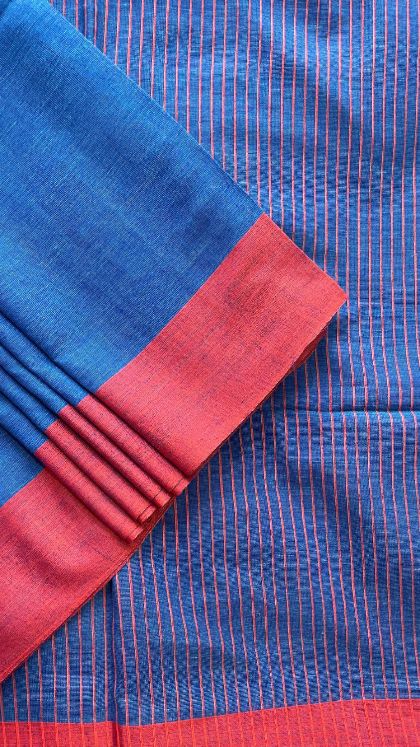 Blue Handloom cotton saree with Red border