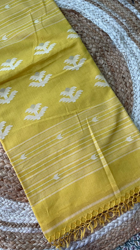 Yellow Soft cotton Jamdani saree