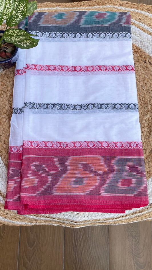 White with Red Ikkat border Handloom saree