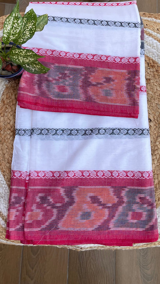 White with Red Ikkat border Handloom saree