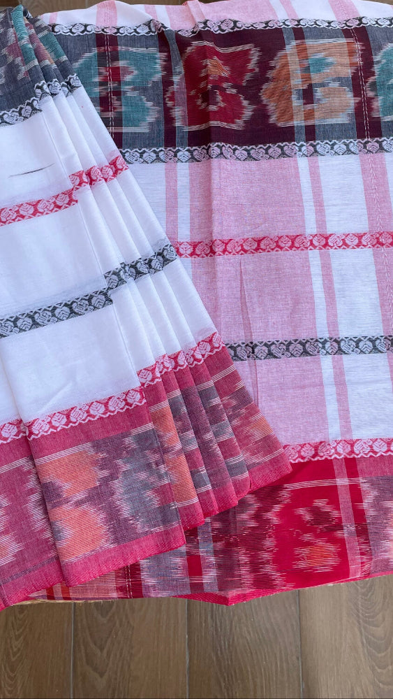 White with Red Ikkat border Handloom saree