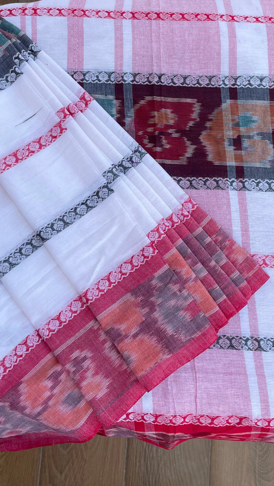 White with Red Ikkat border Handloom saree