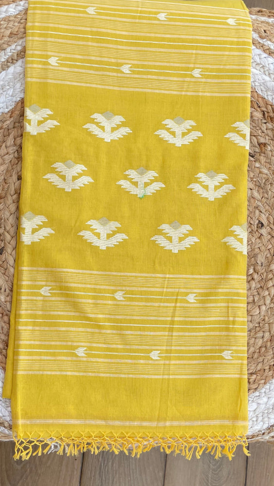 Yellow Soft cotton Jamdani saree