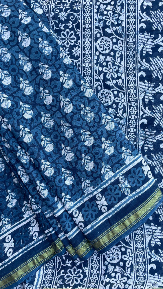 Indigo floral printed cotton saree