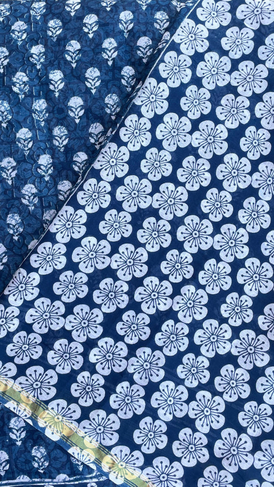 Indigo floral printed cotton saree