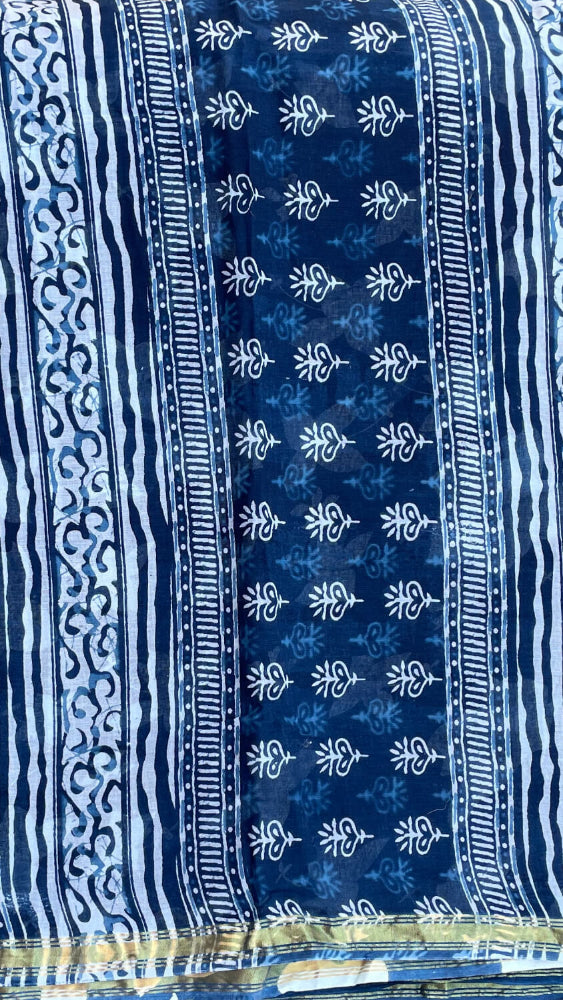 Indigo leaf printed cotton saree