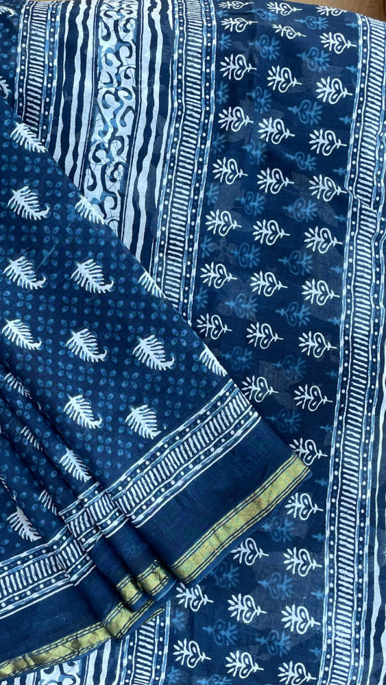 Indigo leaf printed cotton saree