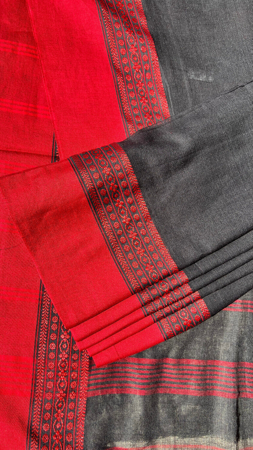 Black Handloom cotton saree with Red border