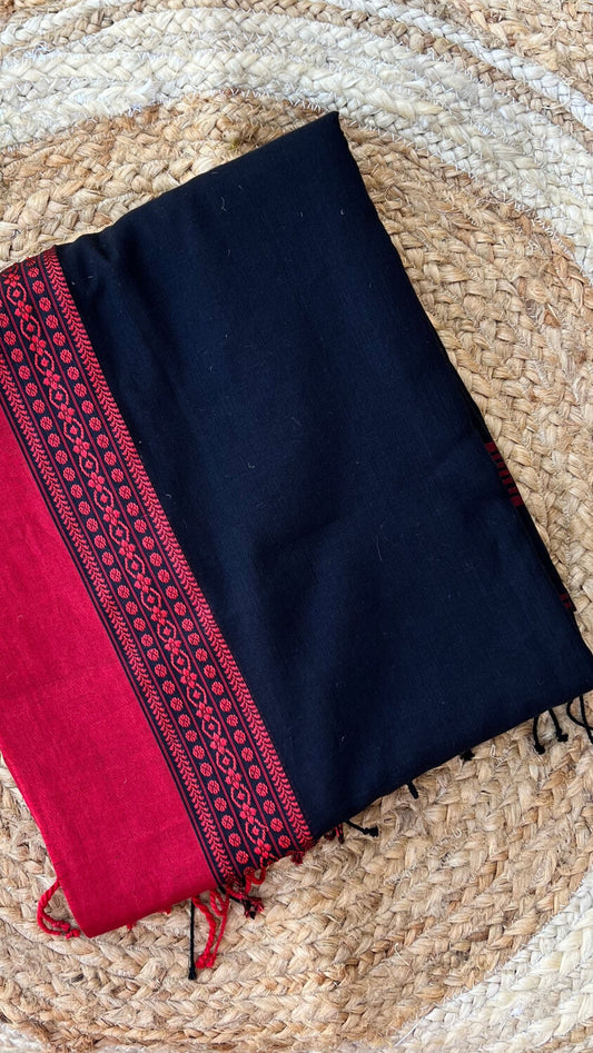 Black Handloom cotton saree with Red border