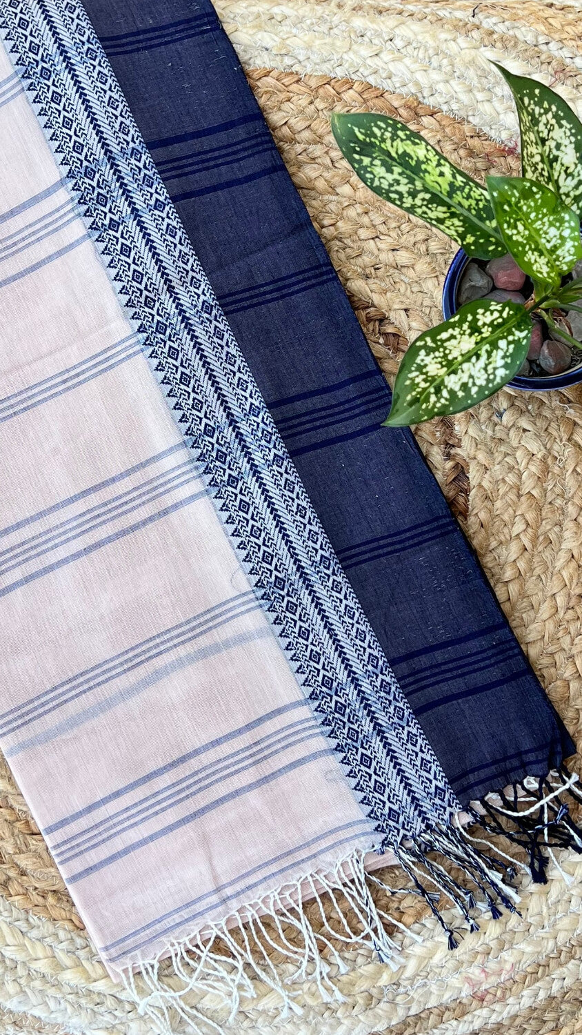 Beige Handloom cotton saree with Blue border