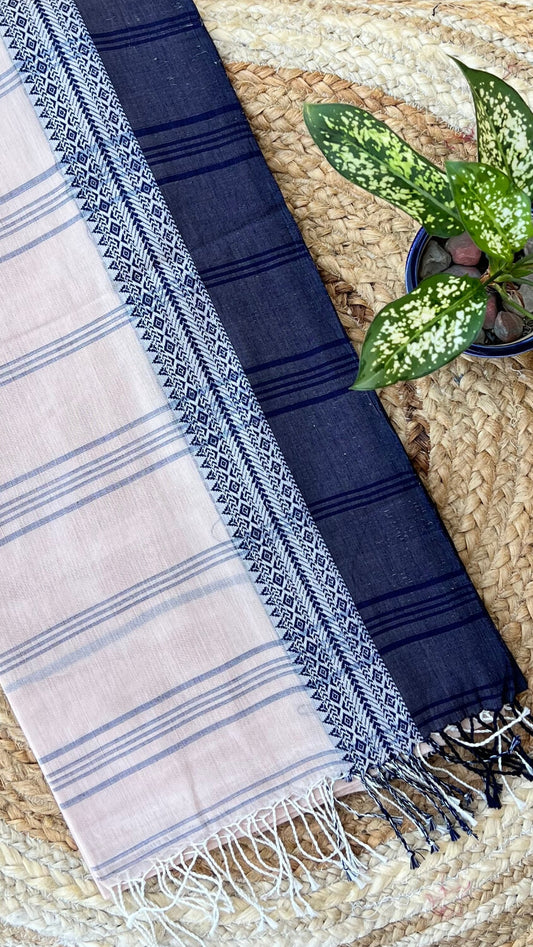 Beige Handloom cotton saree with Blue border