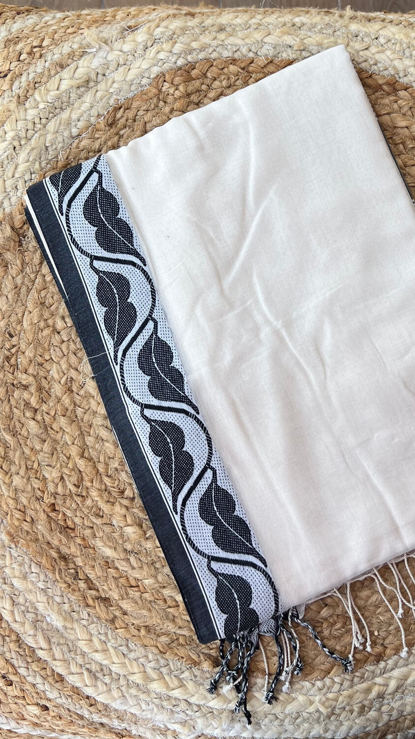 Beige Handloom cotton saree with Black woven border