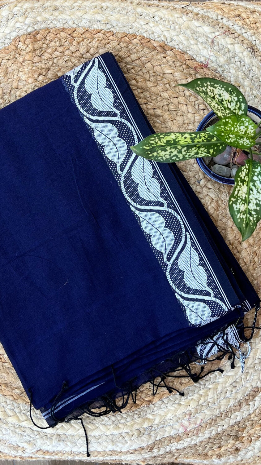 Blue Handloom cotton saree with white border