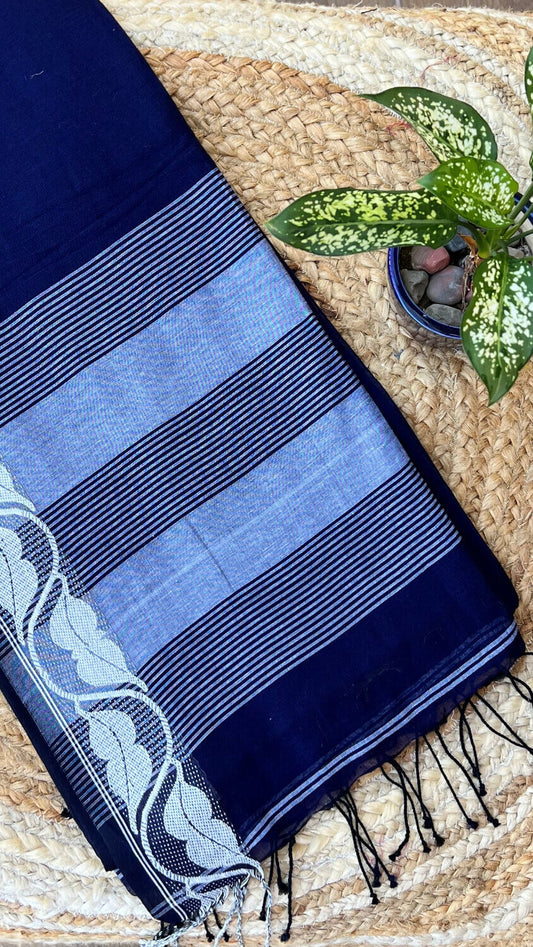 Blue Handloom cotton saree with white border