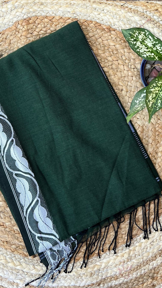 Green Handloom cotton saree with white motif border