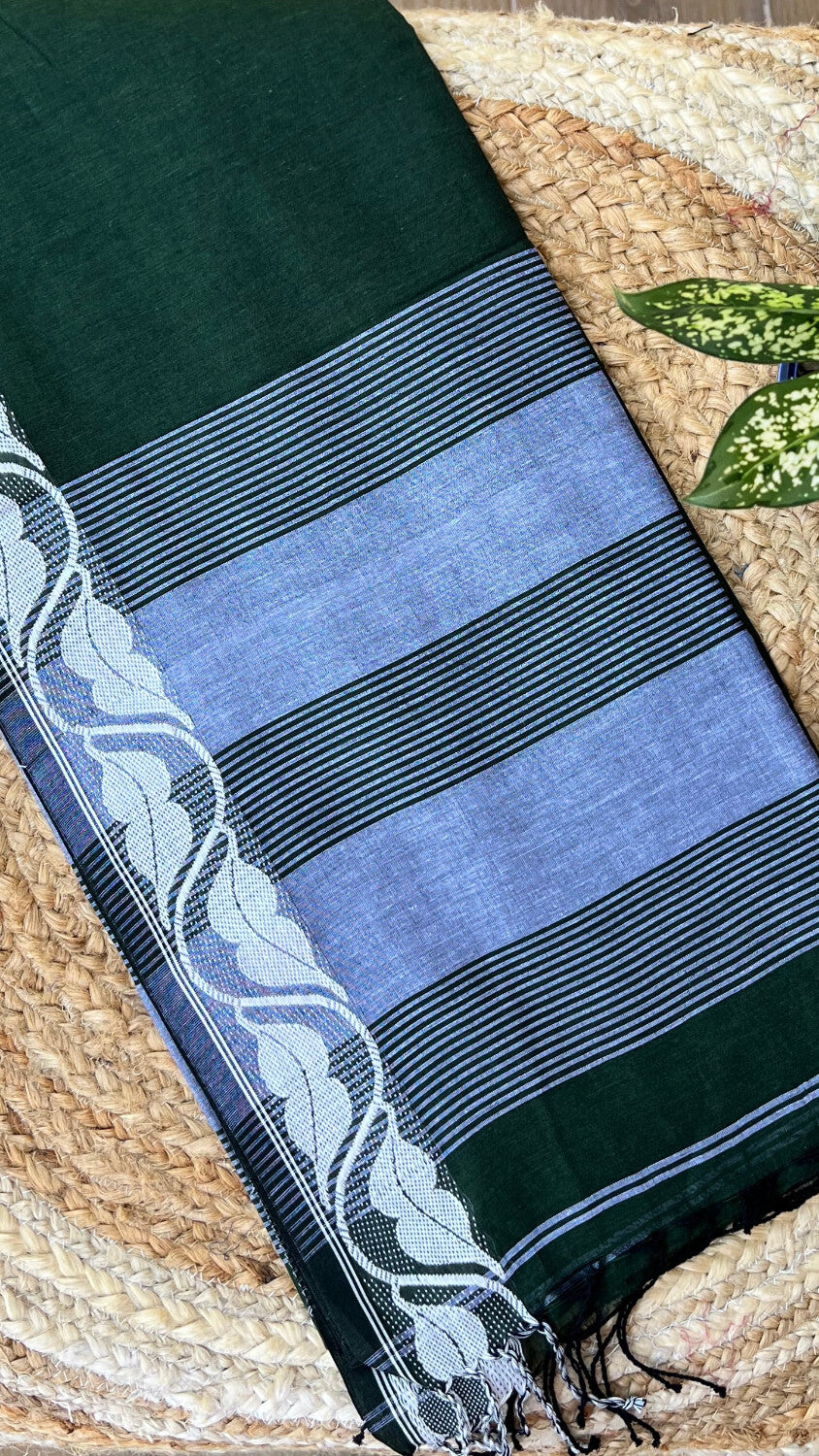Green Handloom cotton saree with white motif border