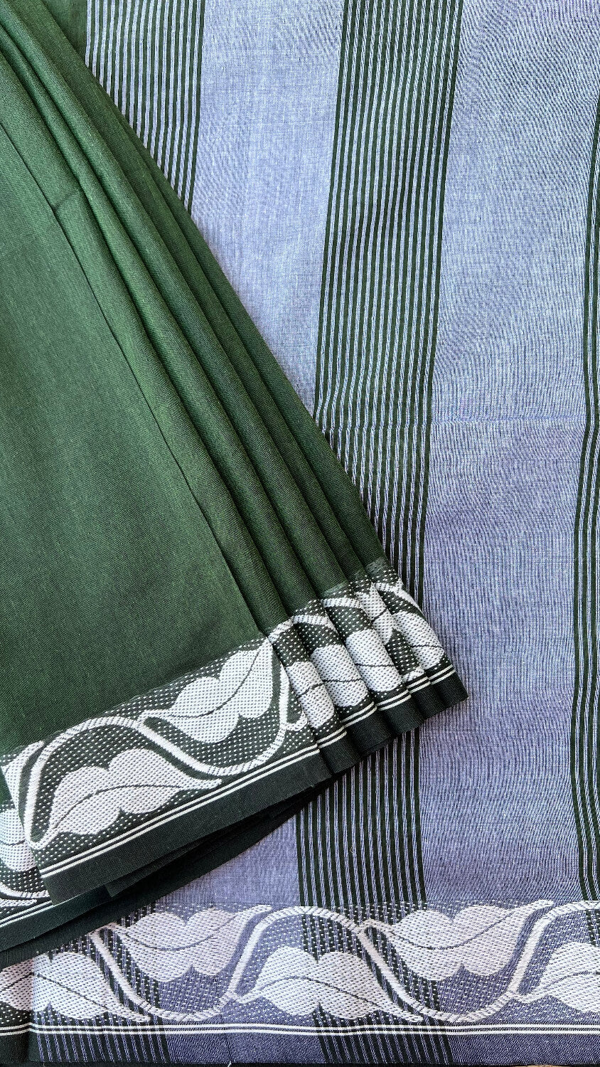 Green Handloom cotton saree with white motif border