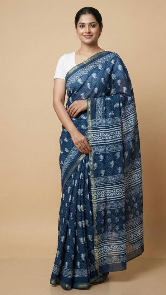 Indigo leaf printed cotton saree