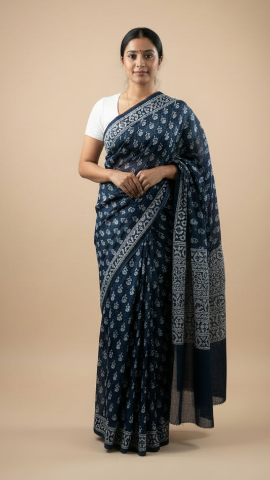 Indigo floral printed cotton saree