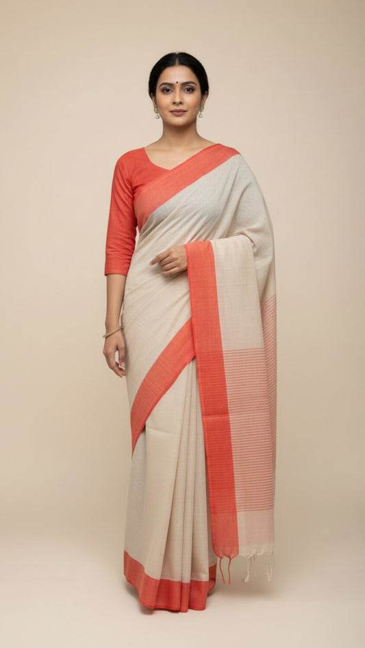 Beige Handloom cotton saree with Orange border