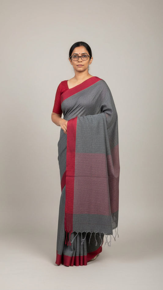 Grey Handloom cotton saree with Red border