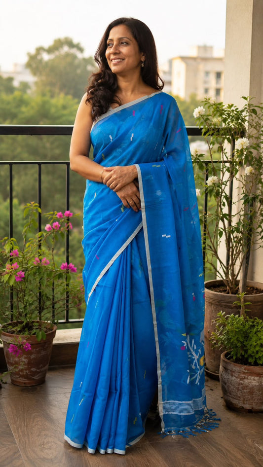 Blue needlework Jamdani