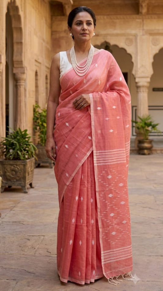 Peach Soft cotton Jamdani saree