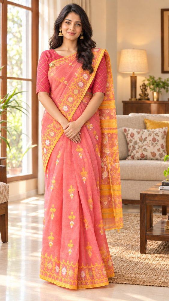 Orange starched Dhakai Jamdani